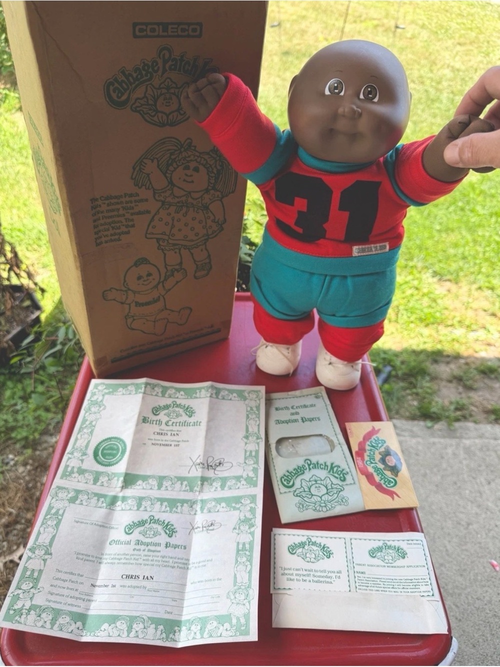 Vintage 1982 Coleco Cabbage Patch Kids Bald Boy Doll "Chris Ian" Box & Papers